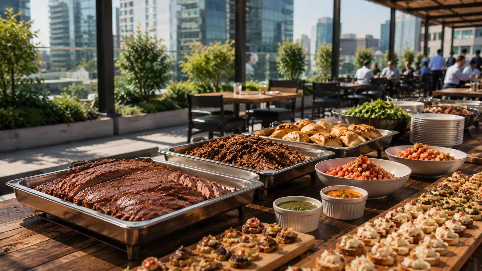 Mesa de picoteo y buffet asador montada para un evento de empresa