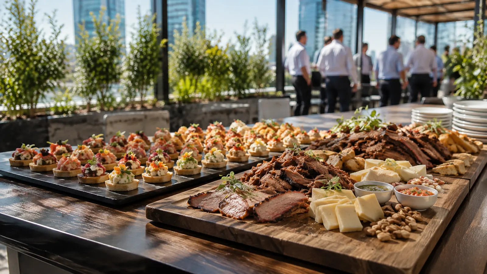 Canapes y tabla de ahumados de la casa montados para un coctel de empresa