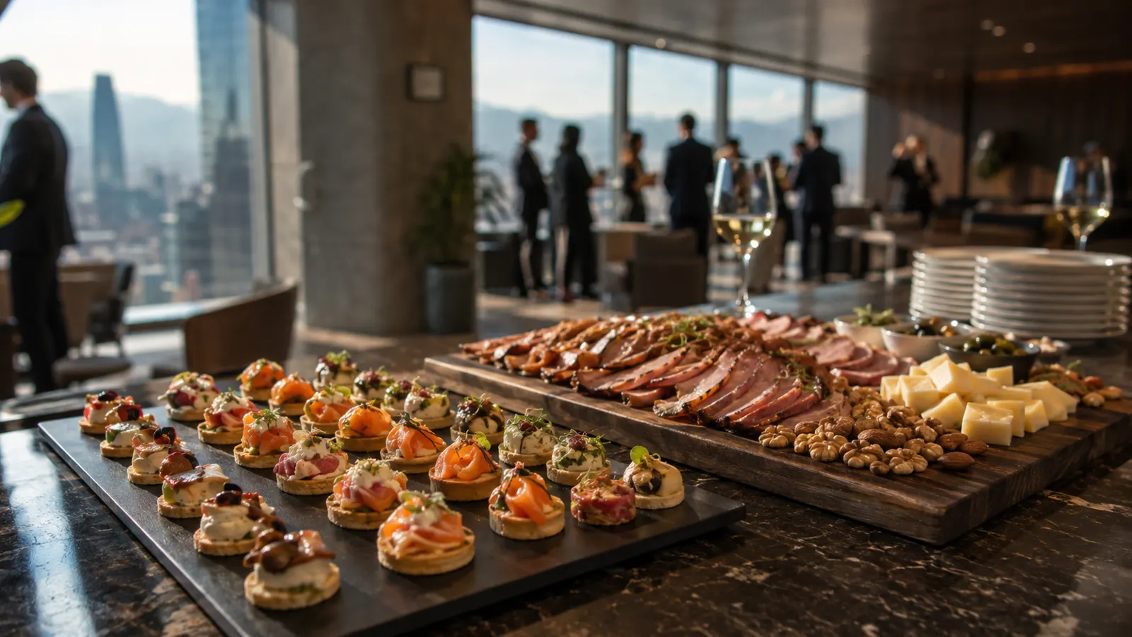 Canapes finos y tabla de ahumados en un coctel de empresa de interior