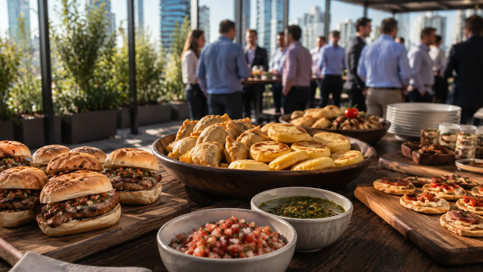 Picoteo para empresas con mini choripanes, empanaditas y pebre en un after office